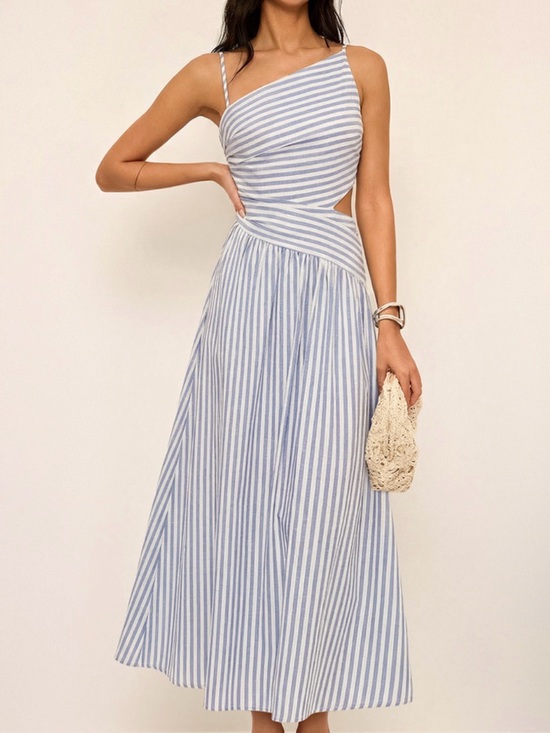 Commense Dresses & Skirts - Commense Striped One-Shoulder Midi Dress in Light Blue and White